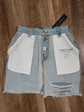MANNERE DE VOIR Denim Mini Skirt Button Front Contrast Pocket Y2K Streetwear NWT